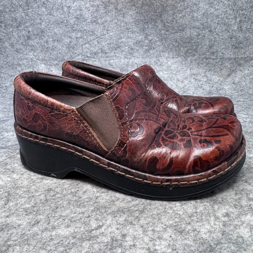 Klogs Naples Clogs Leather Slip On Shoes Womens Sz 7.5 Brown Floral Embossed